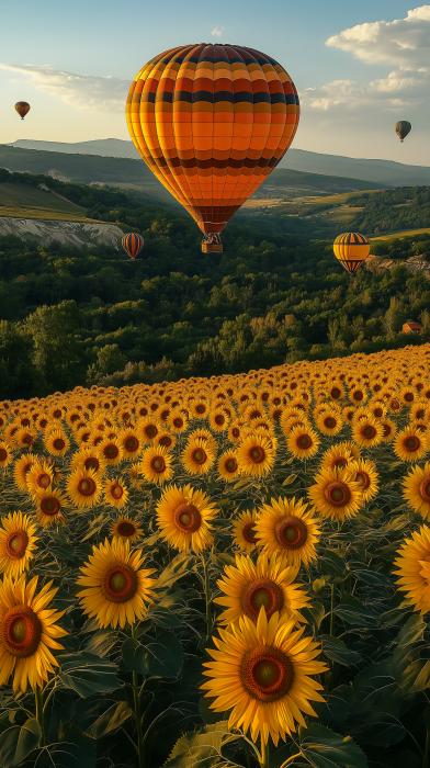 Flying Hot Air Balloon over Sunflower Field