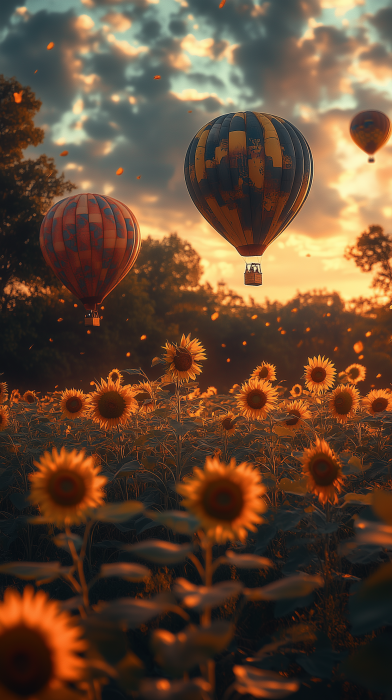 Epic Cosmic Hot Air Balloons over Sunflower Field