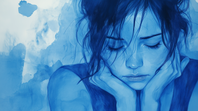 Blue Tone Portrait of a Depressed Woman