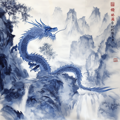 Chinese Ink Painting of a Blue Dragon