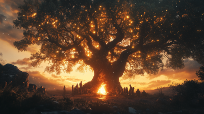 Gathering Around Gnarled Tree at Sunset