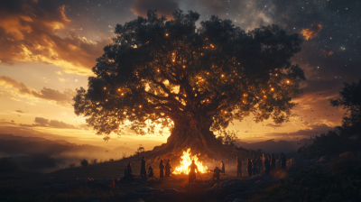 Group gathered around a bonfire at a gnarled tree