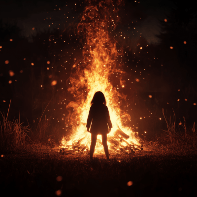 Girl standing in front of a bonfire