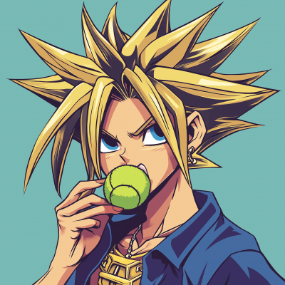 Yugi eating a tennis ball in cartoon style