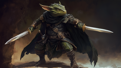 Green Draconic Kobold Rogue in Dungeons and Dragons style