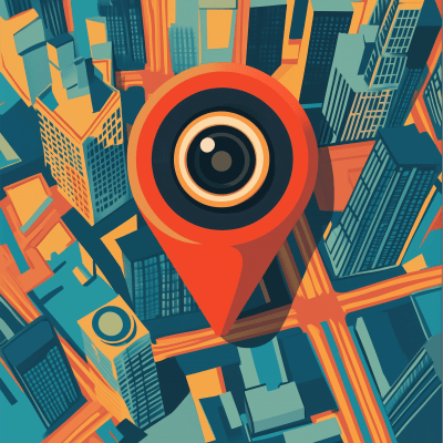 Flat design geo pin with camera lens on Times Square map in New York