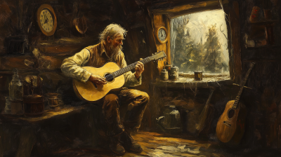 Medieval Musician in Wooden Cabin