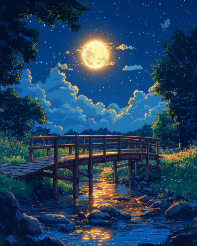 Moonlit Suburban Creek Cartoon Illustration