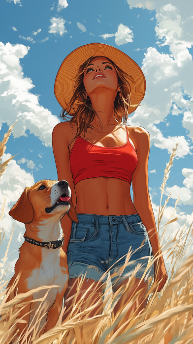 Lady in Red with Puppy Under Blue Sky