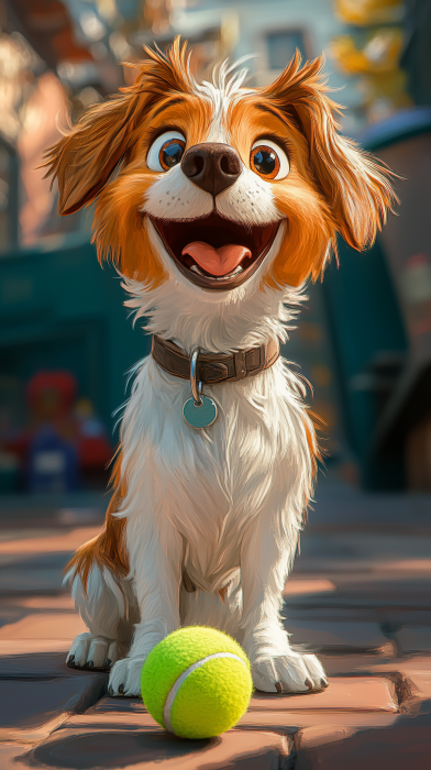 Dog Playing with Tennis Ball in Pixar Style