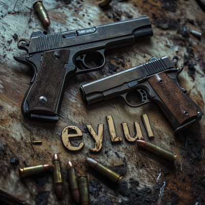 Pistol collection on wooden table