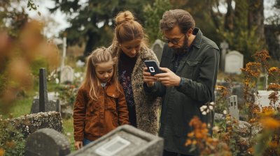 Family at Gravestone with QR Code