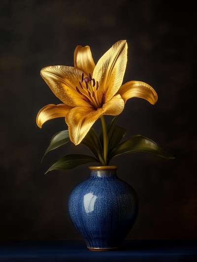 Gold Leaf Lily Flower in Blue Vase