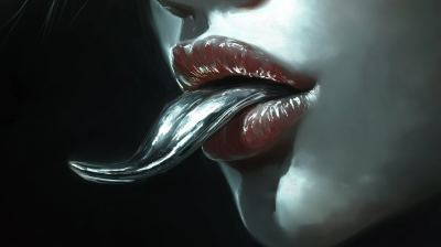 Silver tongue licking mouth