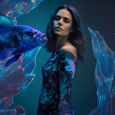 Fashion Model in Blue Dress with 3D Fish Projection