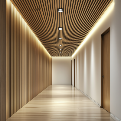 Minimalistic Wood Accent Wall in Corridor