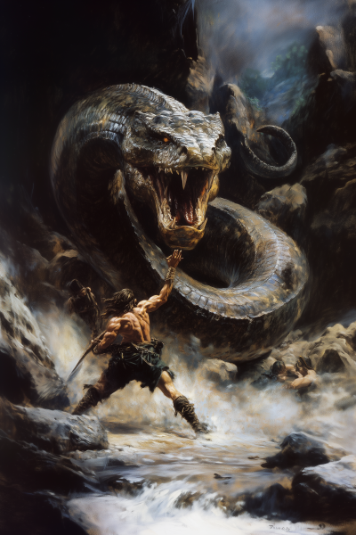 Conan battling with a large serpent