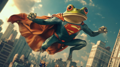 Superfrog Flying Over City