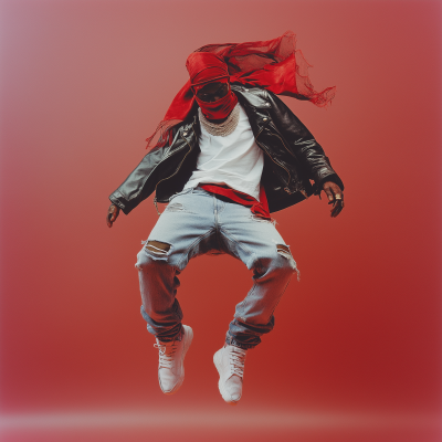 Floating Man in Red Silk Balaclava