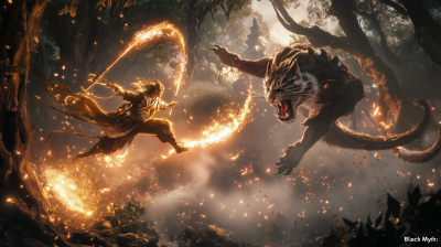 Epic Battle Scene with Sun Wukong and Tiger Demon