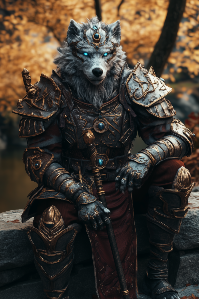 Serene Wolf Warrior in Autumn Forest