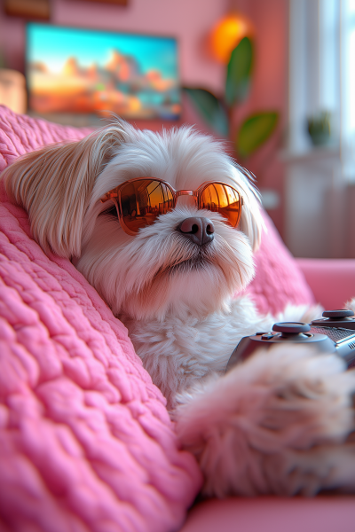 Shih Tzu playing video game on PlayStation