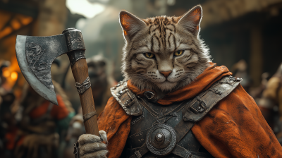 Furry humanoid cat warrior in war room