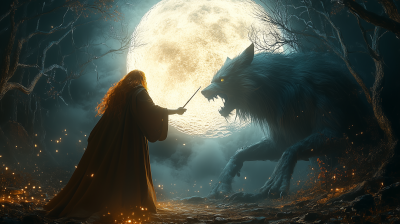 Redhead Wizard Battling Wirewolf in Dark Forest