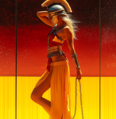 Blonde Woman in Ancient Greek Helmet and Chains