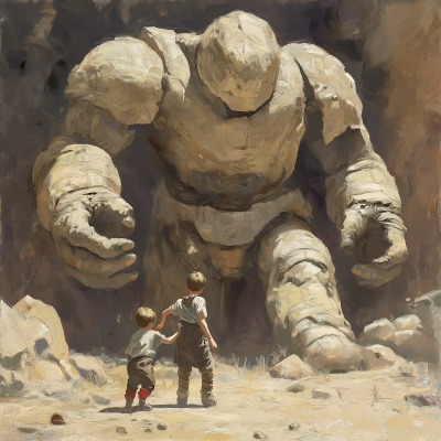 Child Protecting Another from Stone Golem