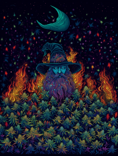 Psychedelic Wizard with Cannabis Buds Tapestry