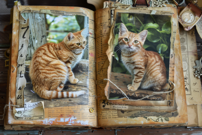 Whimsical Junk Journal Page with Orange Tabby Cats