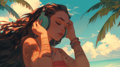 Polynesian Woman Listening to Music on the Beach