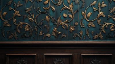 Close-up of Dark Wood Manor Wall with Decorative Leaf Wallpaper