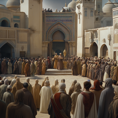 Leaders speaking on a platform in a decorated city square