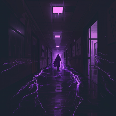 Purple cloaked figure in creepy mental hospital