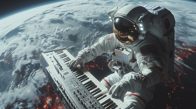 1950s Cosmonaut Playing Synthesizer in Space