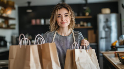 Woman with Shopping Bags in Kitchen