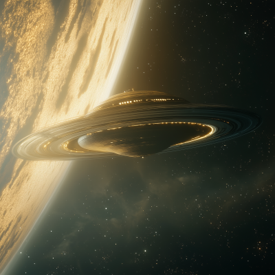 Alien Flying Saucer Approaching Planet Saturn