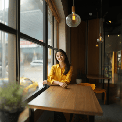 Korean Woman in Yellow Shirt Smiling Near Window