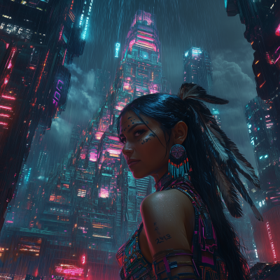 Cyberpunk Native American Woman at Futuristic Aztec Temple