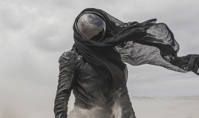 Astronaut in Black Leather Suit on Dusty Desert