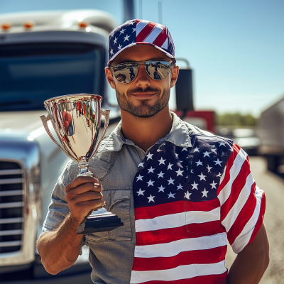 Patriotic Truck Driver with Trophy