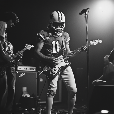 Cowboy playing guitar on stage with a 1970s indie rock band