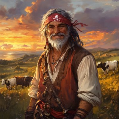 Retired Pirate Farmer at Sunset