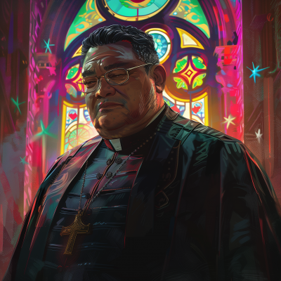 Chubby Hispanic Priest with Stained Glass Window