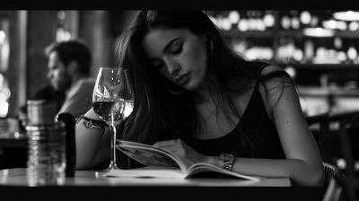 Woman Reading in Restaurant