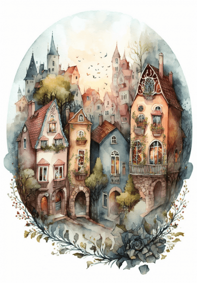 Fairytale Old City in Watercolor Style