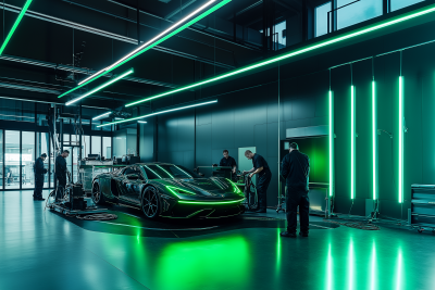 Modern Automotive Workshop with Green LED Light