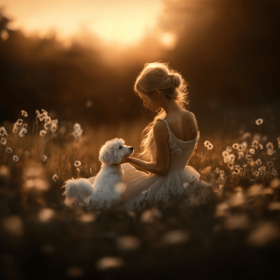 Woman sitting near a stream at sunset